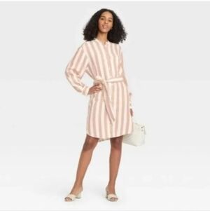 A New Day striped linen-blend Button Up shirt dress Brown/ White Plus Sz 1X NWT*